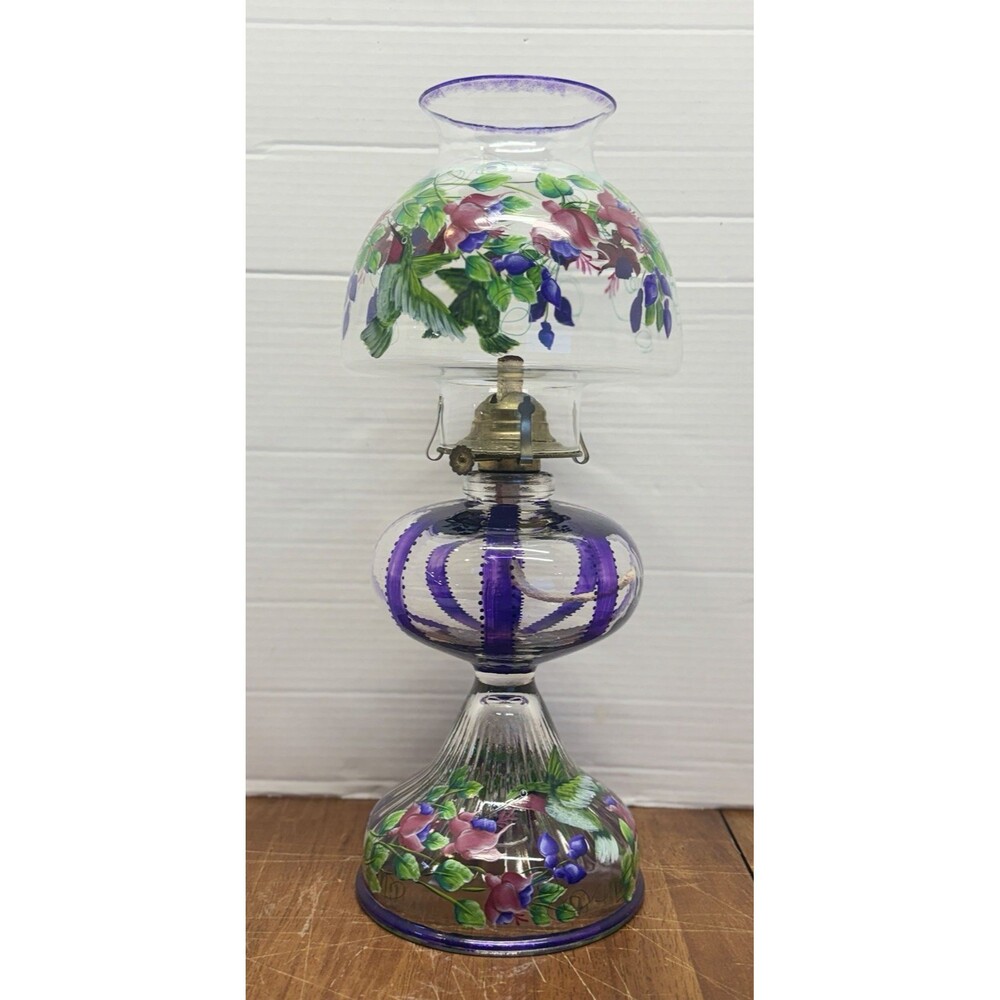Vintage Glass Oil Lamp Hand Painted Hummingbird Floral Purple 16” Kerosene Lamp